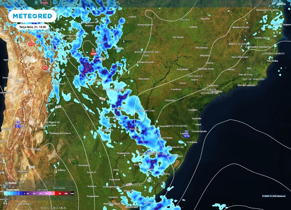 Previsão de chuva e pressão para a tarde da terça-feira, 21 de abril.
