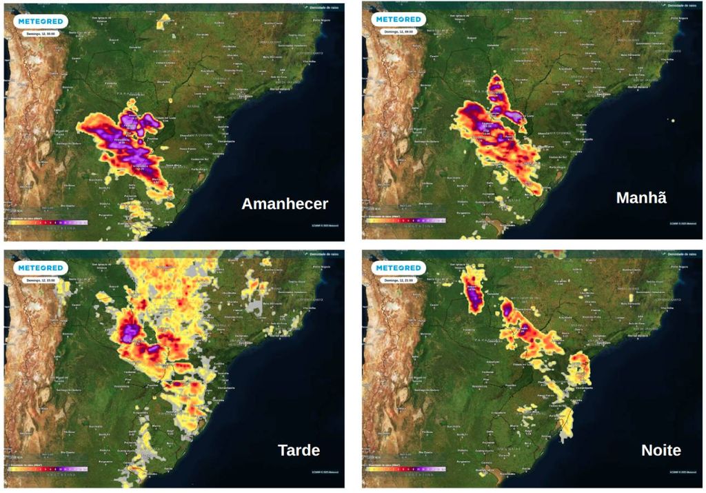 Previsão de tempestades ao longo de todo o domingo (12), de acordo com o ECMWF.