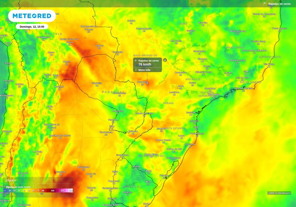 Previsão de rajada de vento neste domingo (12), de acordo com o ECMWF.