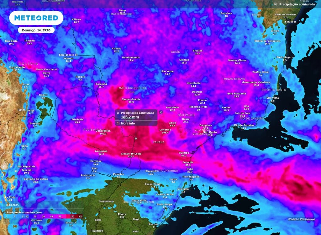 Precipitação acumulada para este final de semana se aproximada de 200 mm. Precipitação acumulada para este final de semana se aproximada de 200 mm.
