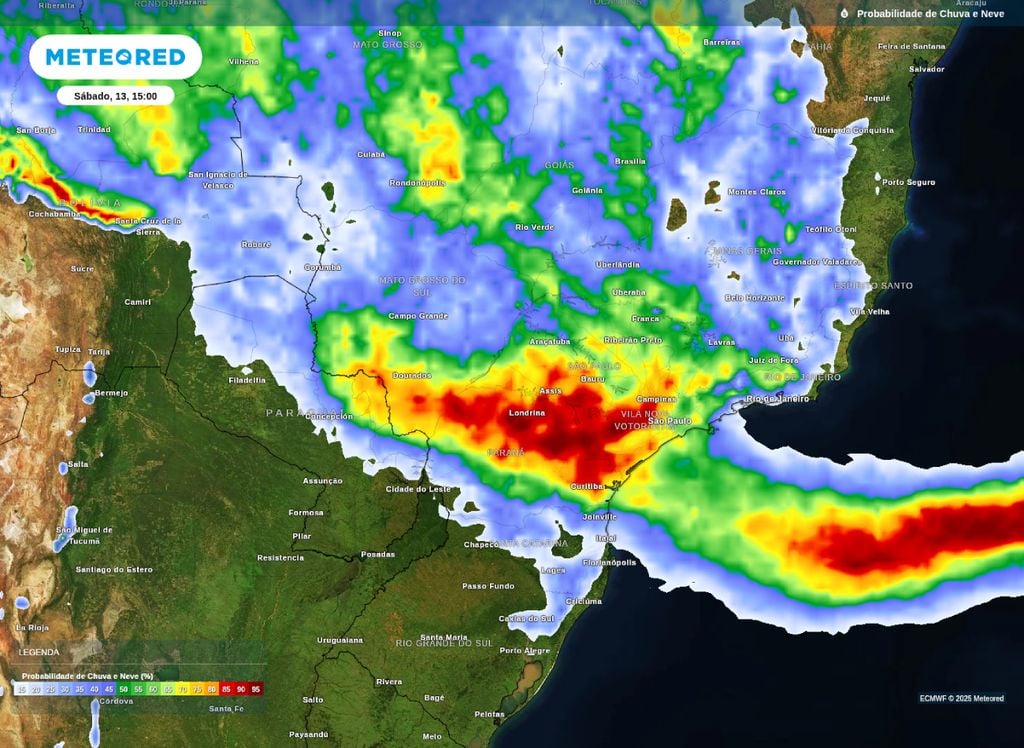 Mapa de probabilidade de chuva para a tarde deste sábado (13). Mapa de probabilidade de chuva para a tarde deste sábado (13).