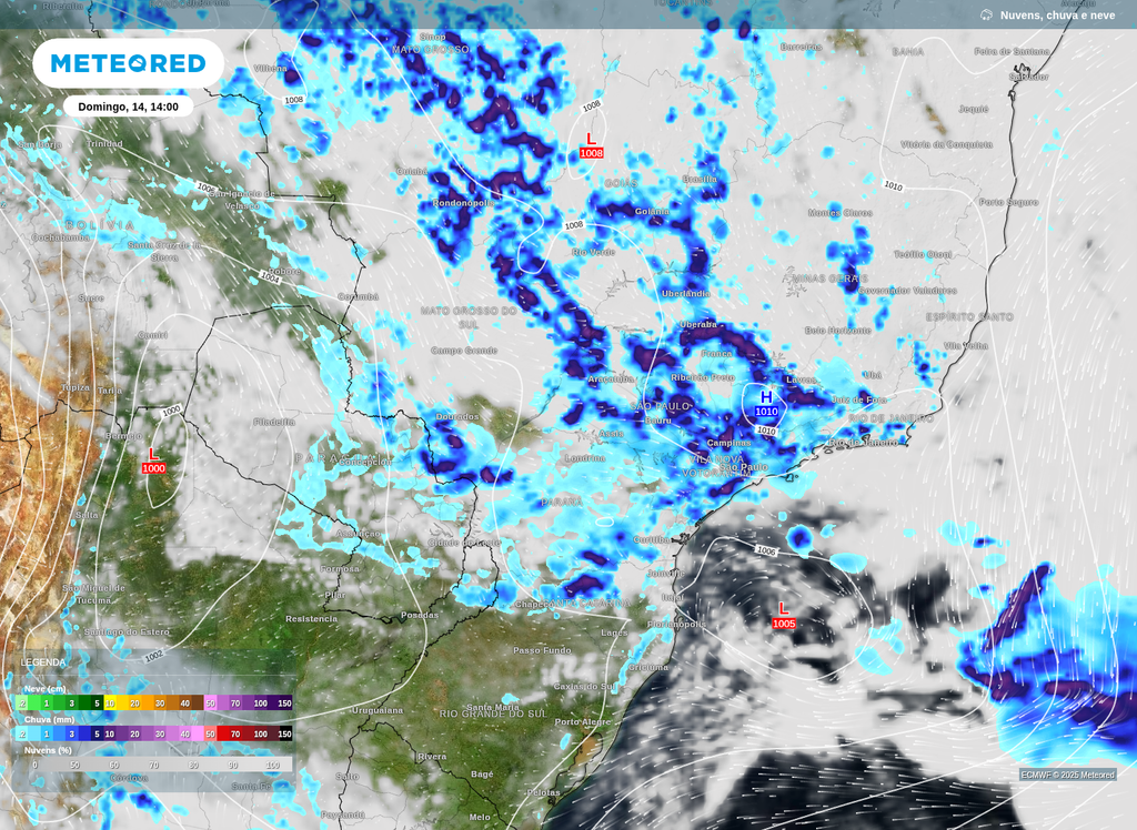 Previsão de chuva, pressão a nível médio do mar e de nebulosidade para este domingo (14), de acordo com o modelo ECMWF. Previsão de chuva, pressão a nível médio do mar e de nebulosidade para este domingo (14), de acordo com o modelo ECMWF.