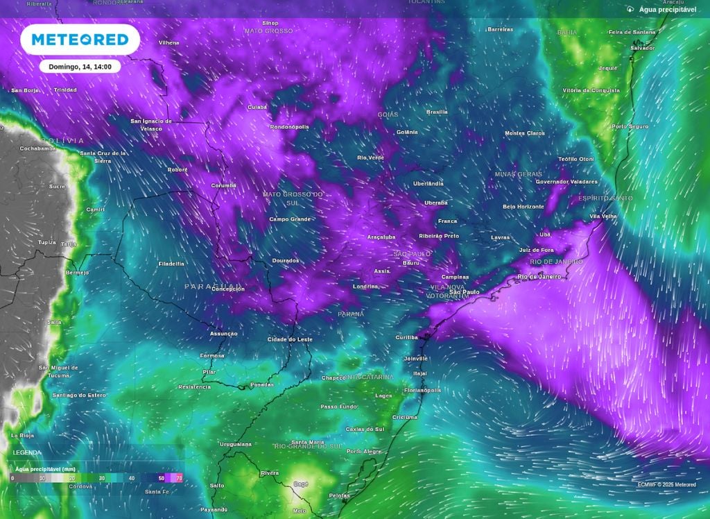 Água precipitável prevista para a tarde de domingo (14). Água precipitável prevista para a tarde de domingo (14).