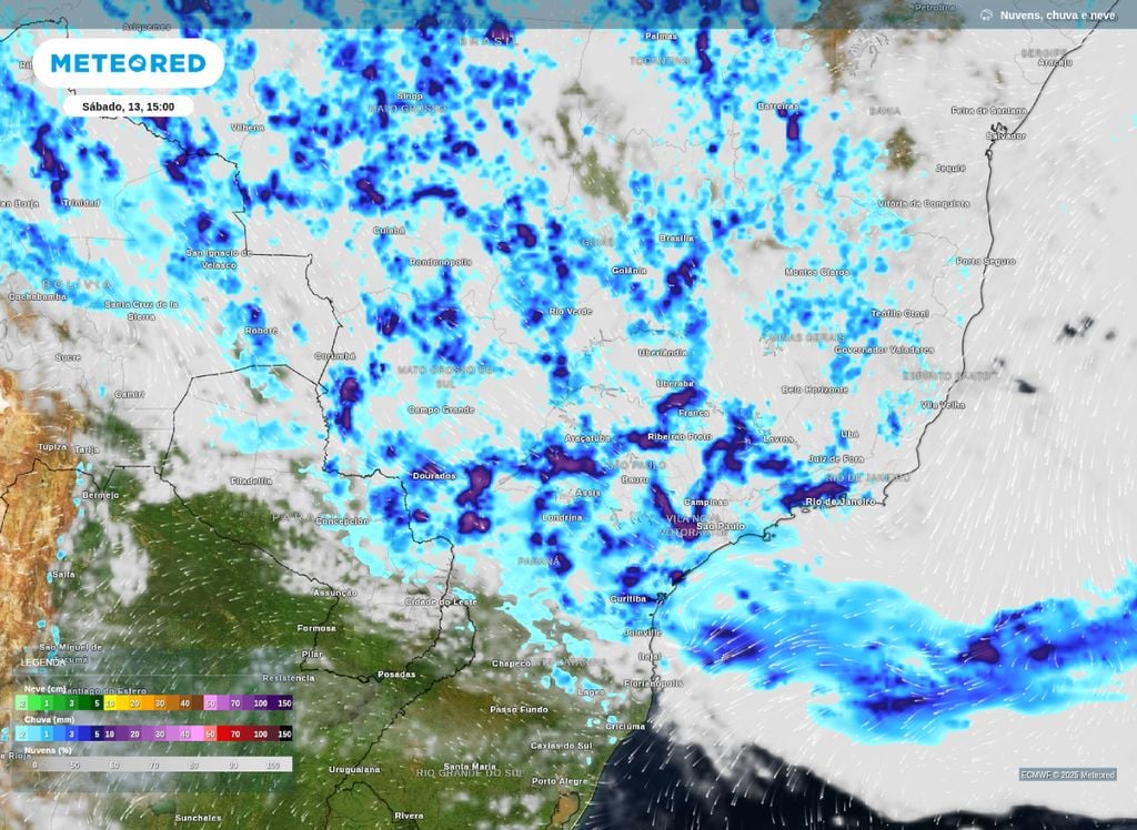 Previsão de chuva e de nebulosidade para este sábado (13), de acordo com o modelo ECMWF. Previsão de chuva e de nebulosidade para este sábado (13), de acordo com o modelo ECMWF.