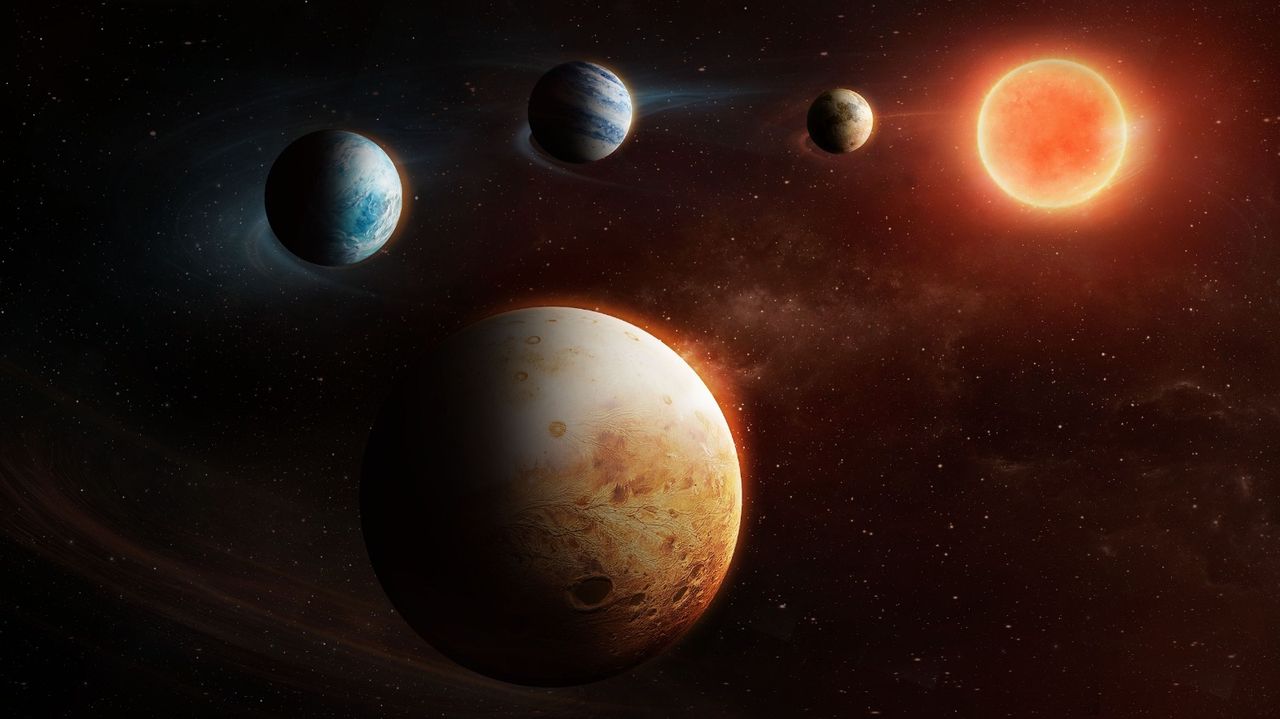 Impresión artística del sistema planetario alrededor de la estrella LHS 1903 (las distancias y tamaños de los planetas no están a escala). / ESA