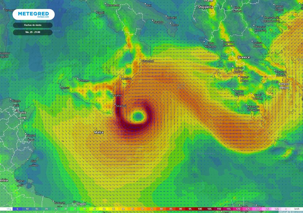 Rafales de vent prévues vendredi à 21h au large de la Sicile Rafales de vent prévues vendredi à 21h au large de la Sicile (modèle ECMWF)