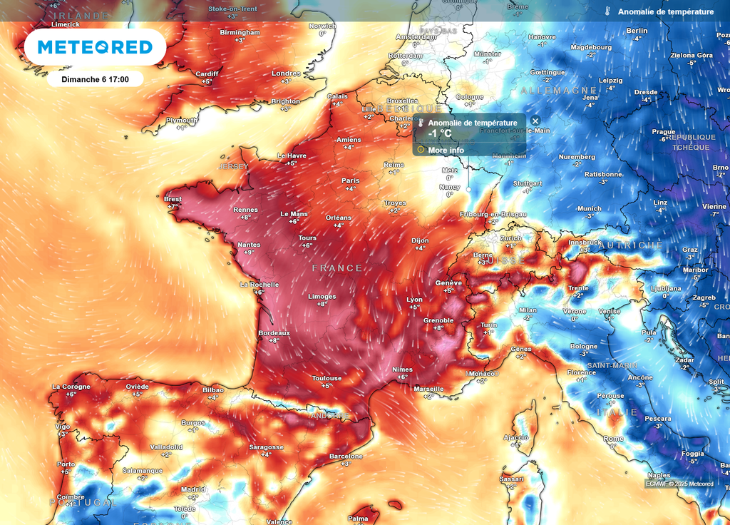 Anomalie de températures dimanche après-midi