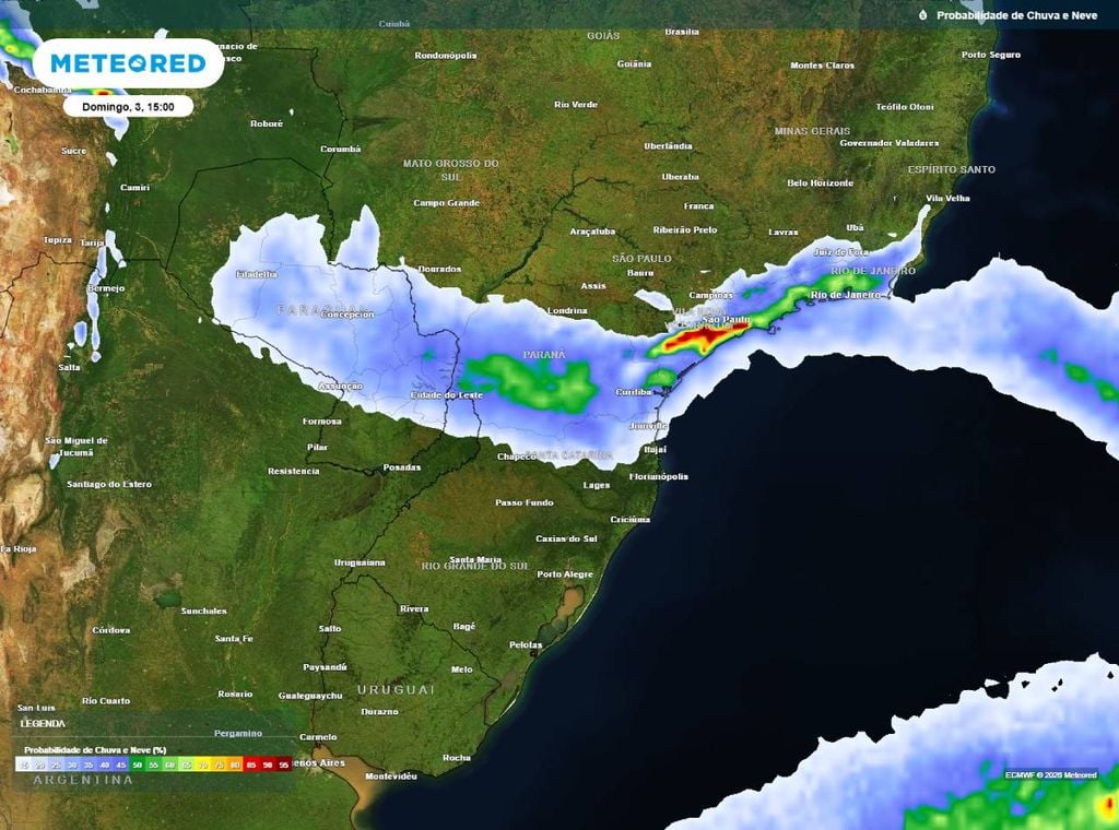 Previsão da probabilidade de precipitação (%) para o domingo (3) à tarde (15h), segundo o modelo europeu ECMWF. Maior potencial para chuvas entre o norte de SC, o PR, o leste de SC e o RJ.