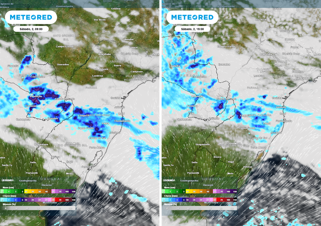 Previsão de precipitação (em mm) e nebulosidade para o sábado (2) de manhã (9h) á esquerda e de tarde (15h) à direita, segundo o modelo europeu ECMWF.