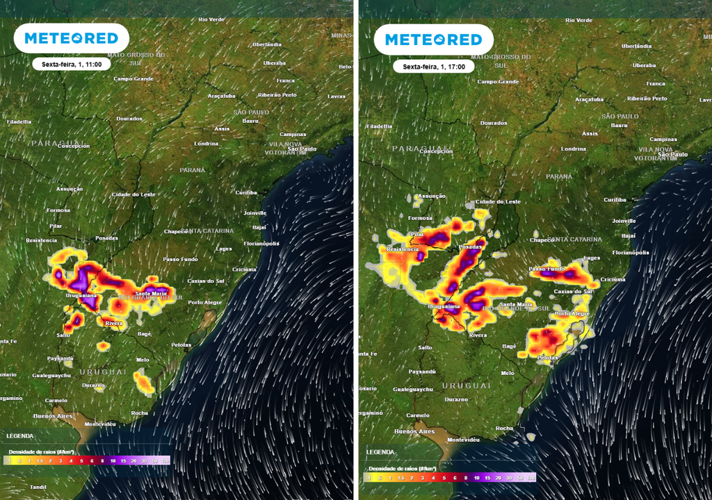 Previsão de densidade de raios para a sexta-feira (1º de maio) de manhã (11h) à esquerda e meados da tarde (17h) à direita. Ao longo de todo o dia, à medida que a nova frente fria se forma, haverá riscos de temporais intensos em todo o Rio Grande do Sul.
