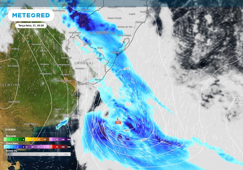 Previsão de ventos, pressão, nebulosidade e chuva no final da segunda-feira ilustra a formação do ciclone e sua frente fria associada ao longo do feriado de tiradentes, trazendo tempestades.