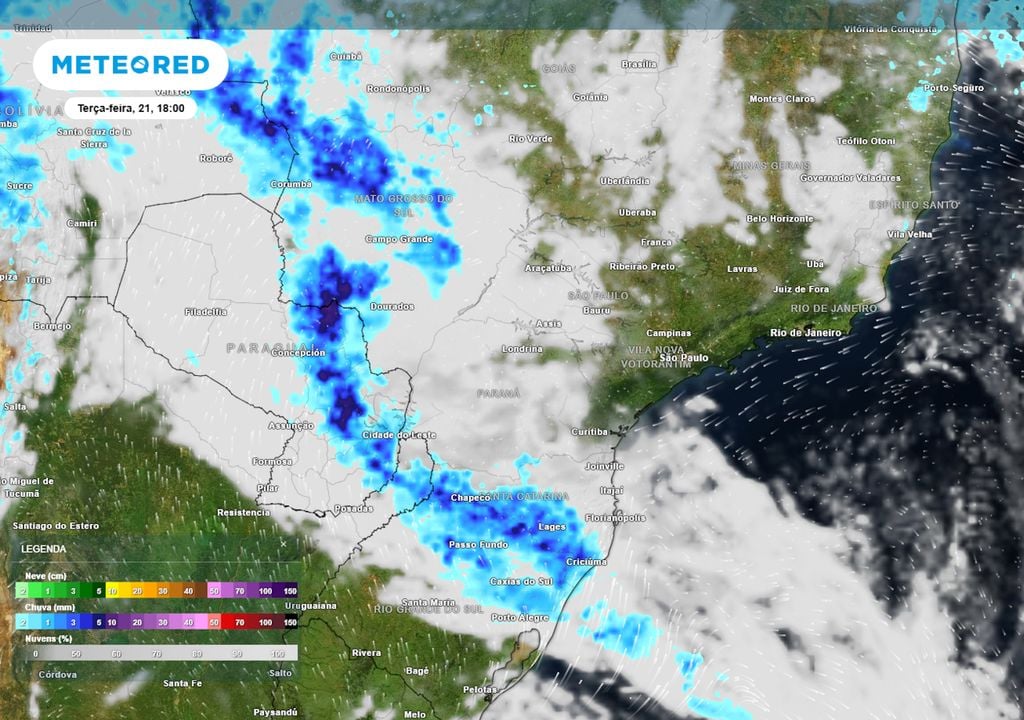 Previsão de ventos, nebulosidade e chuva na terça-feira durante a tarde ilustra o avanço da frente fria ao longo do feriado de Tiradentes, afetando o norte do RS e também SC e MS.