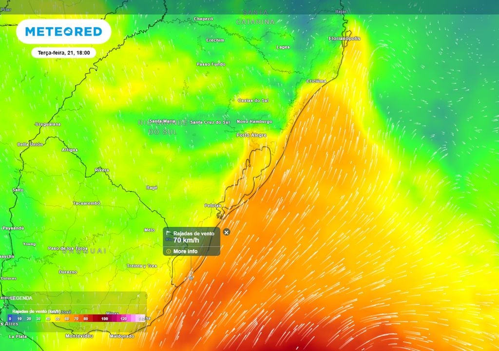 Previsão de rajadas de vento na terça-feira durante a tarde mostra que os ventos podem chegar a até 70 km/h durante a tarde na região litorânea do RS e de SC, causando transtornos.