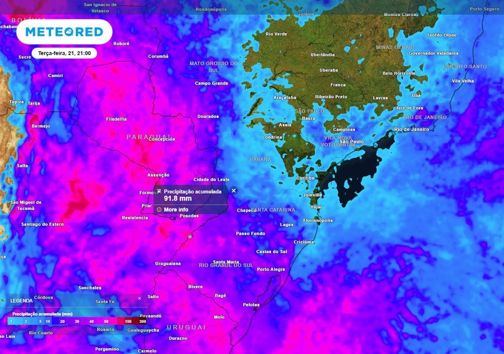 Previsão de acumulados totais de chuva até o final do feriado de Tiradentes mostra que algumas regiões do RS e do MS podem registrar volumes próximos dos 100 mm de chuva.