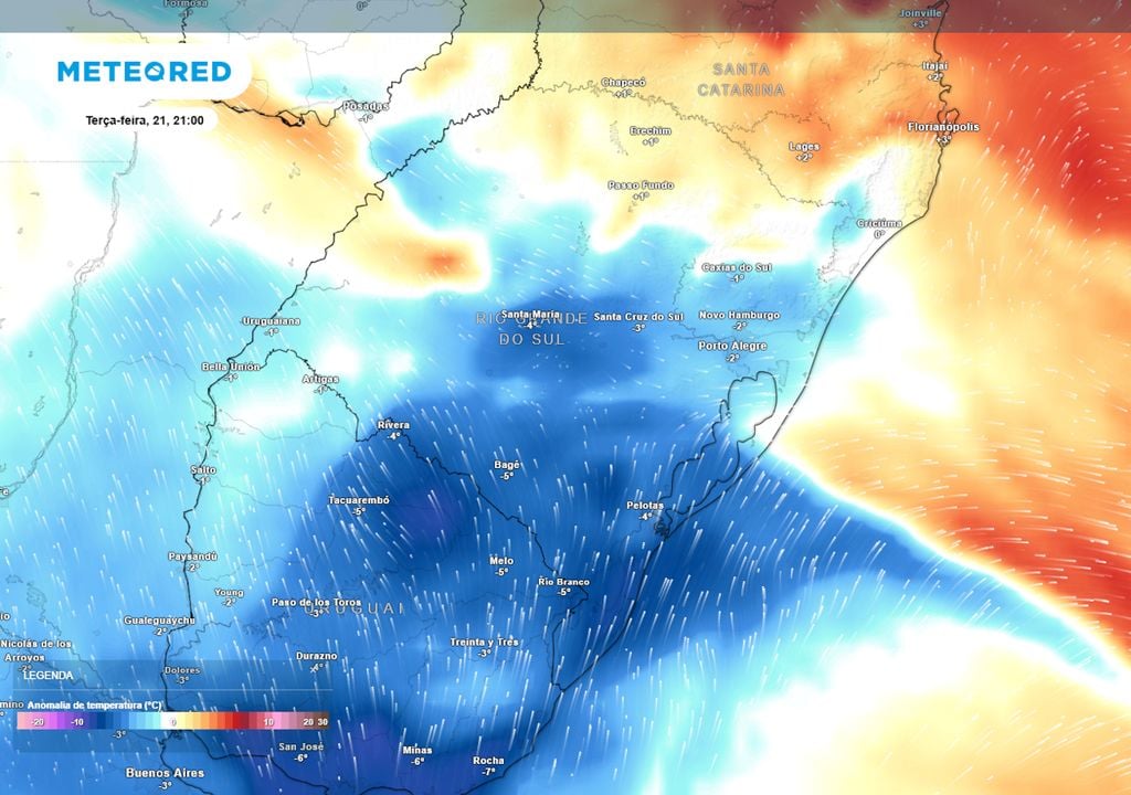 Previsão de anomalias de temperatura em 850 hPa no final da terça-feira mostra uma massa de ar frio avançando pelo Rio Grande do Sul, o que deve fazer as temperaturas caírem.