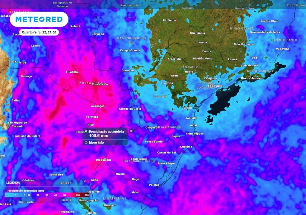 Previsão de acumulados totais de chuva até o final da próxima quarta-feira mostra que os volumes de chuva podem chegar a até 100 mm em alguns pontos localizados do RS e do MS.