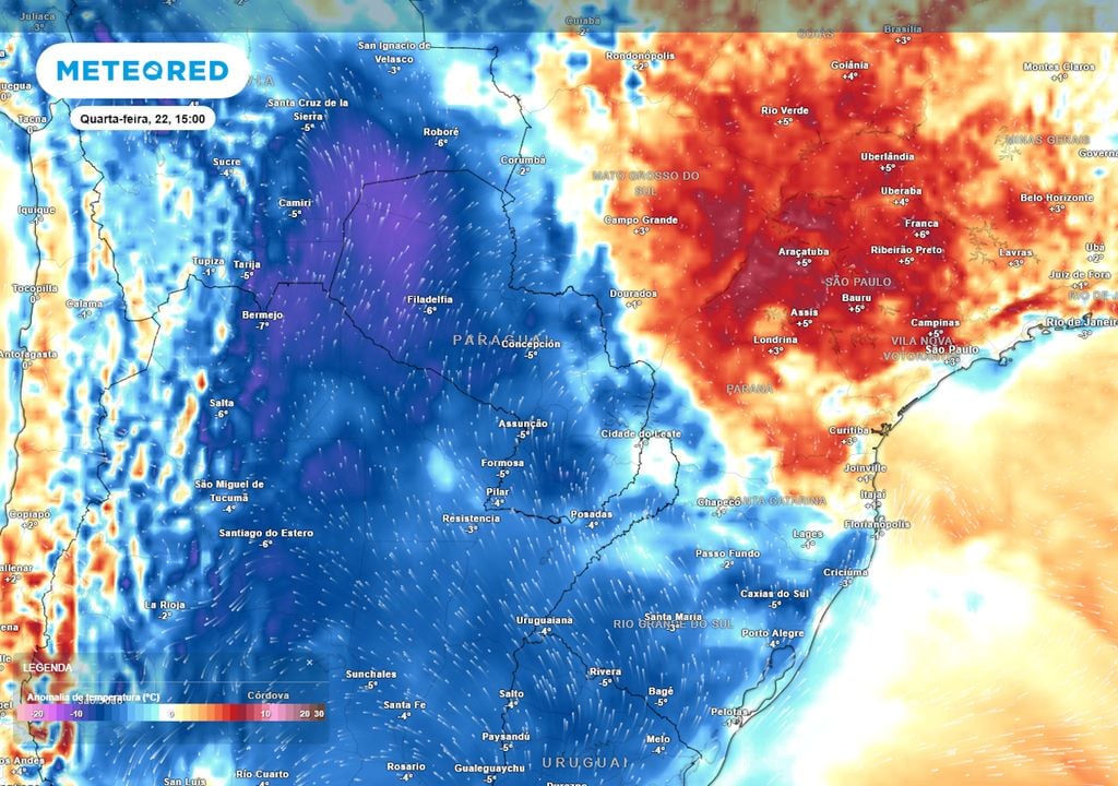 Previsão de anomalias de temperatura em 850 hPa na quarta-feira durante a tarde mostra o avanço da massa de ar frio por parte da região Sul durante o feriado de Tiradentes e após seu fim.