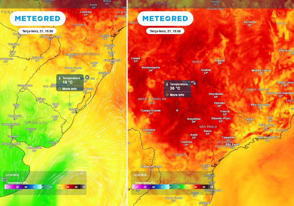 Previsão de temperaturas máximas no Sul (esquerda) e no Sudeste (direita) mostram um contraste térmico de quase 20°C entre as máximas de 18°C no Sul e de 36°C no Sudeste e Centro-Oeste.