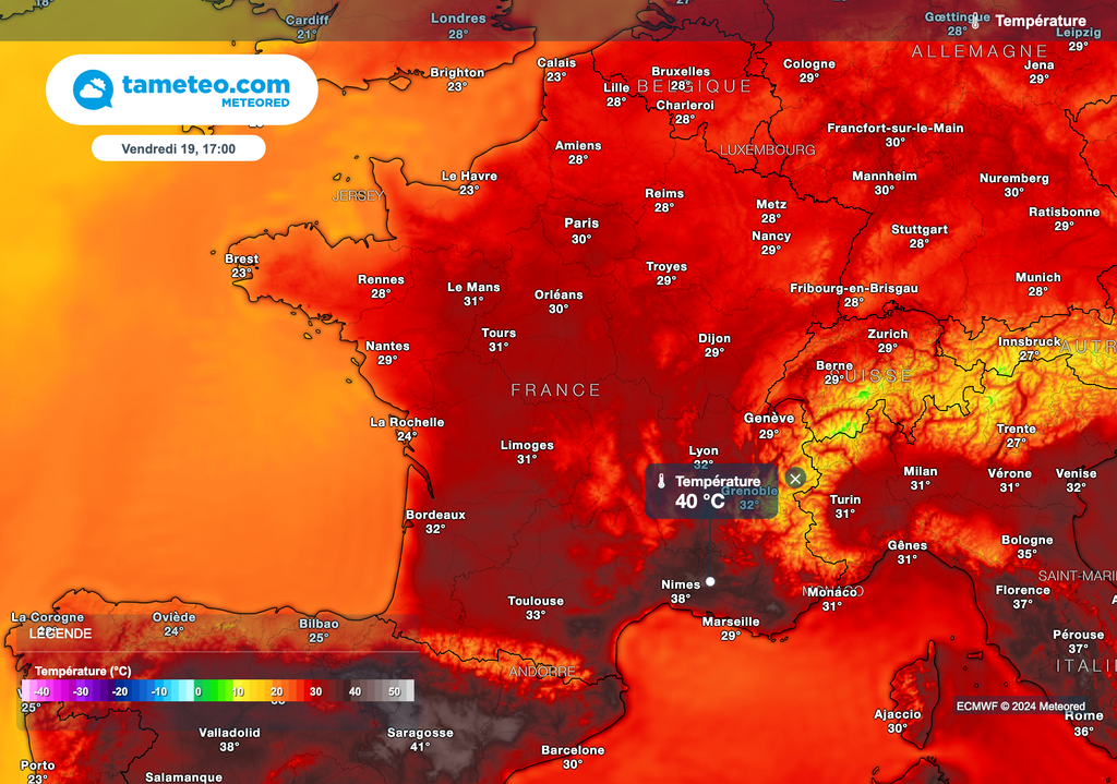Températures maximales prévues vendredi après-midi en France. Températures maximales prévues vendredi après-midi en France.