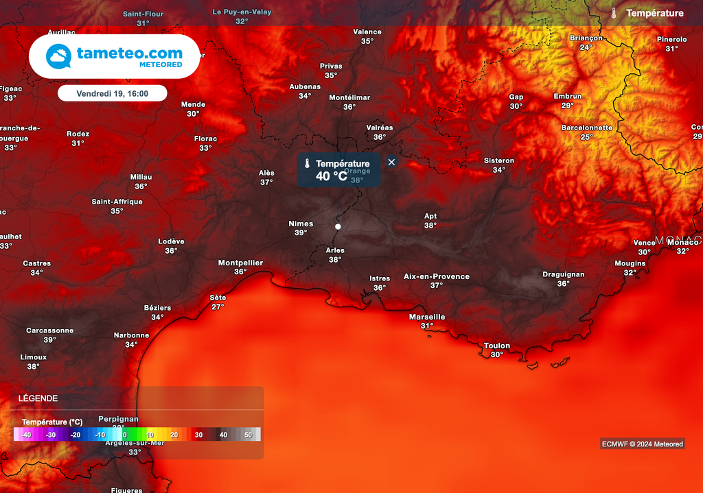 40 degrés vendredi après-midi dans la basse Vallée du Rhône. 40 degrés vendredi après-midi dans la basse Vallée du Rhône.