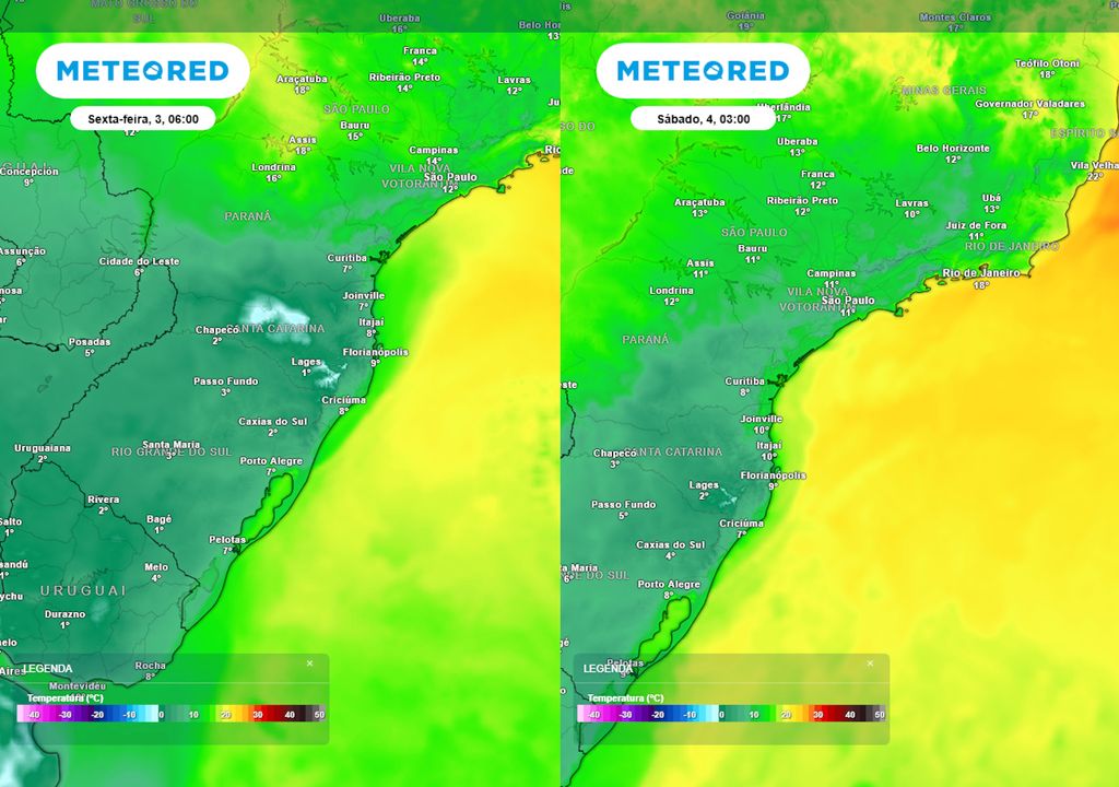 Previsão de temperaturas mínimas na sexta-feira (esquerda) e no sábado (direita) mostra a ocorrência de temperaturas negativas no Sul e uma queda brusca da temperatura no Sudeste.