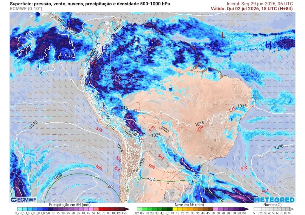 Previsão de pressão, vento, nuvens, precipitação e isoterma (linha verde) mostra possibilidade de precipitação associada a baixas temperaturas atmosféricas, o que pode causar neve.