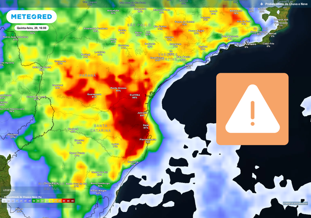 Tempestades devem ocorrer de forma generalizada sobre o Brasil nos próximos dias, com alto risco para SC e PR nesta quinta-feira (29).