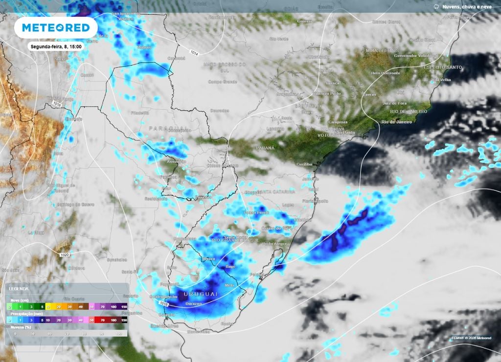 ciclone Previsão de chuva, pressão e nebulosidade para a tarde da segunda-feira, 7 de junho.