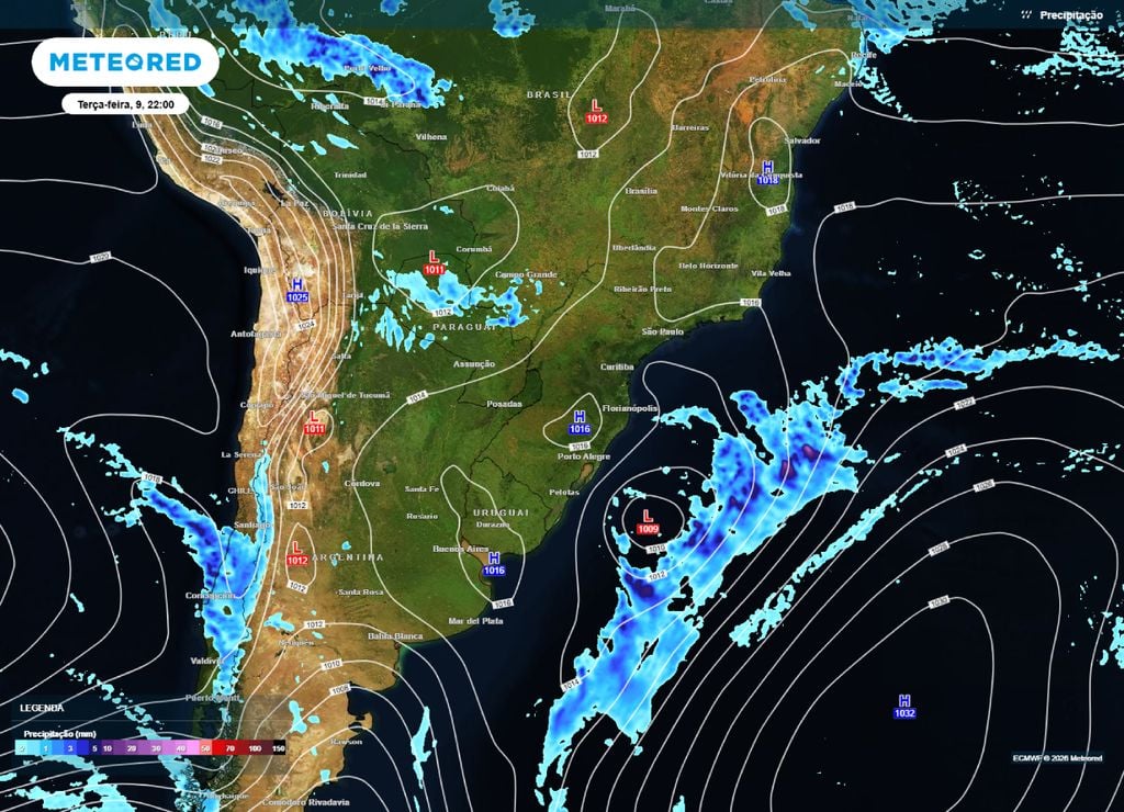 previsão do tempo ciclone Previsão de chuva e pressão para a noite da terça-feira, 8 de junho. Ciclone formado suga a umidade e nova áreas instável passa a atuar no Mato Grosso do Sul.