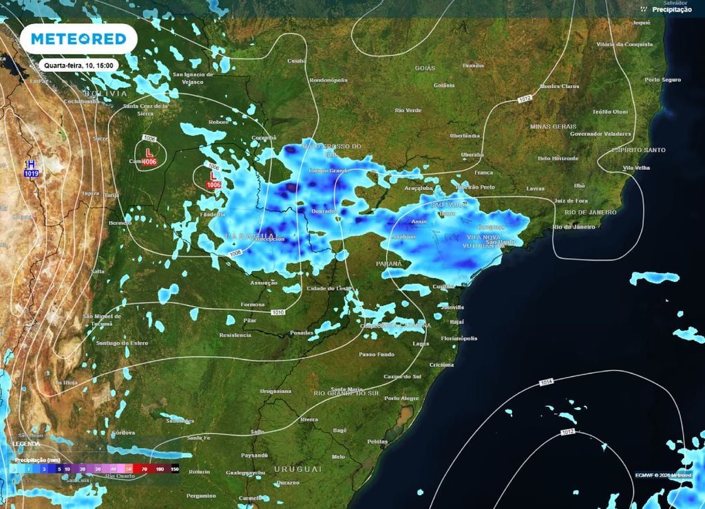 previsão do tempo Previsão de chuva e pressão para tarde da quarta-feira, 10 de junho.