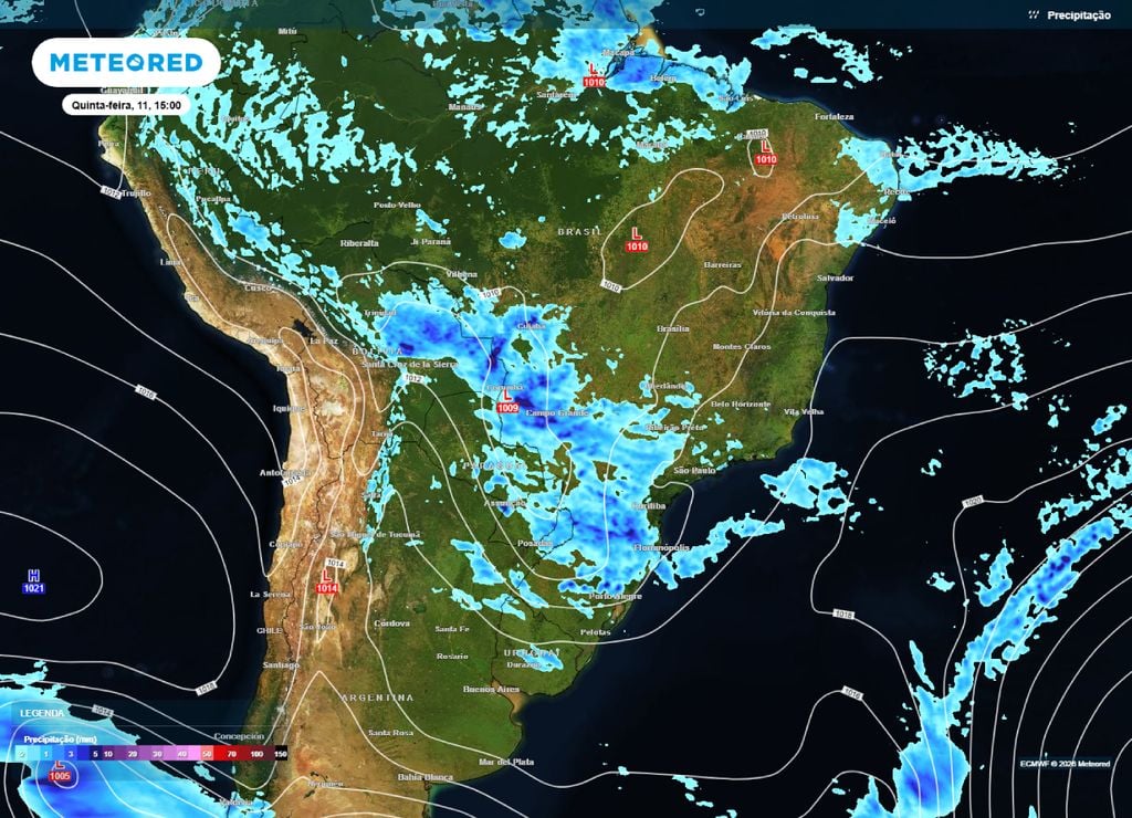 previsão do tempo Previsão de chuva e pressão para tarde da quinta-feira, 11 de junho.