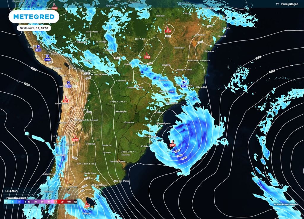 ciclone Previsão de chuva e pressão para tarde da sexta-feira, 12 de junho.