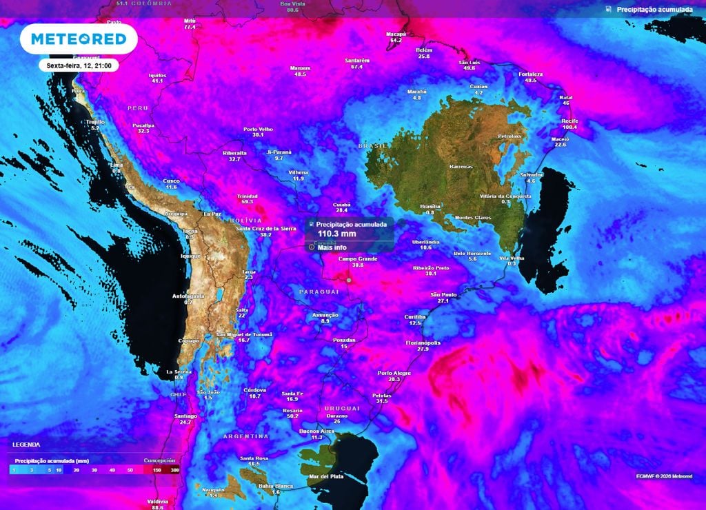 previsão do tempo Acumulado de precipitação até a sexta-feira, 12 de junho, mostra o potencial de chuvas no centro-sul do Brasil que pode superar os 100 mm.