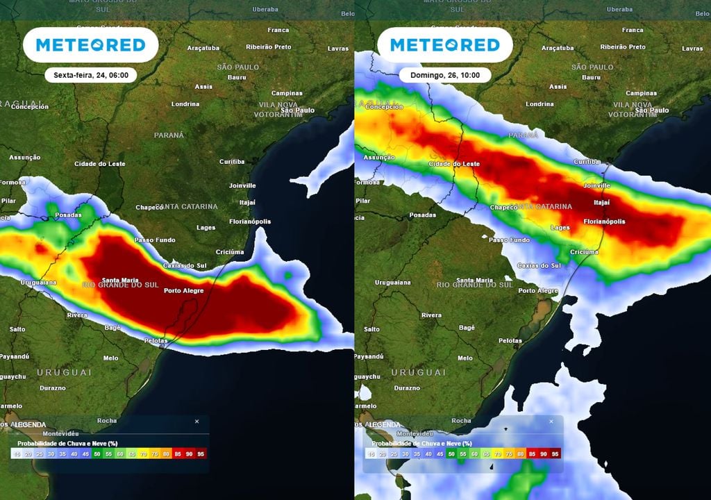 Previsão de probabilidades de chuva na sexta-feira (esquerda) e no domingo (direita) ilustra o deslocamento da faixa de tempestades em direção norte, indo do Rio Grande do Sul ao Paraná.