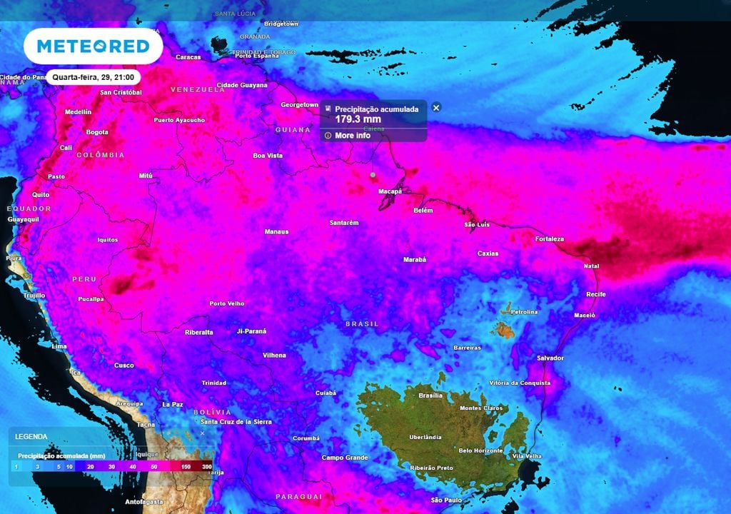 Previsão de acumulados totais de chuva até a quarta-feira mostra que tempestades se formarão em todo o Norte e grande parte do Nordeste do Brasil (especialmente litoral norte) nos próximos dias.
