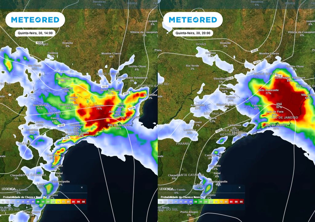 Previsão de probabilidade de chuvas na quinta-feira durante a tarde (esquerda) e noite (direita).
