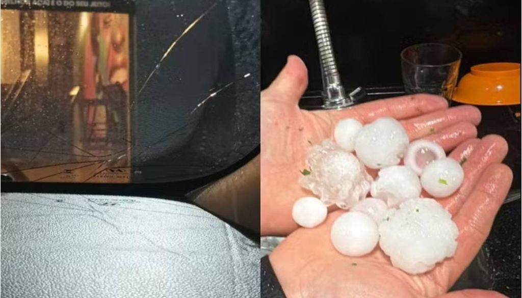 Imagem mostra vidro de carro danificado por causa do granizo no bairro Prado, em Biguaçu, na Grande Florianópolis (SC). Crédito: Reprodução/G1.