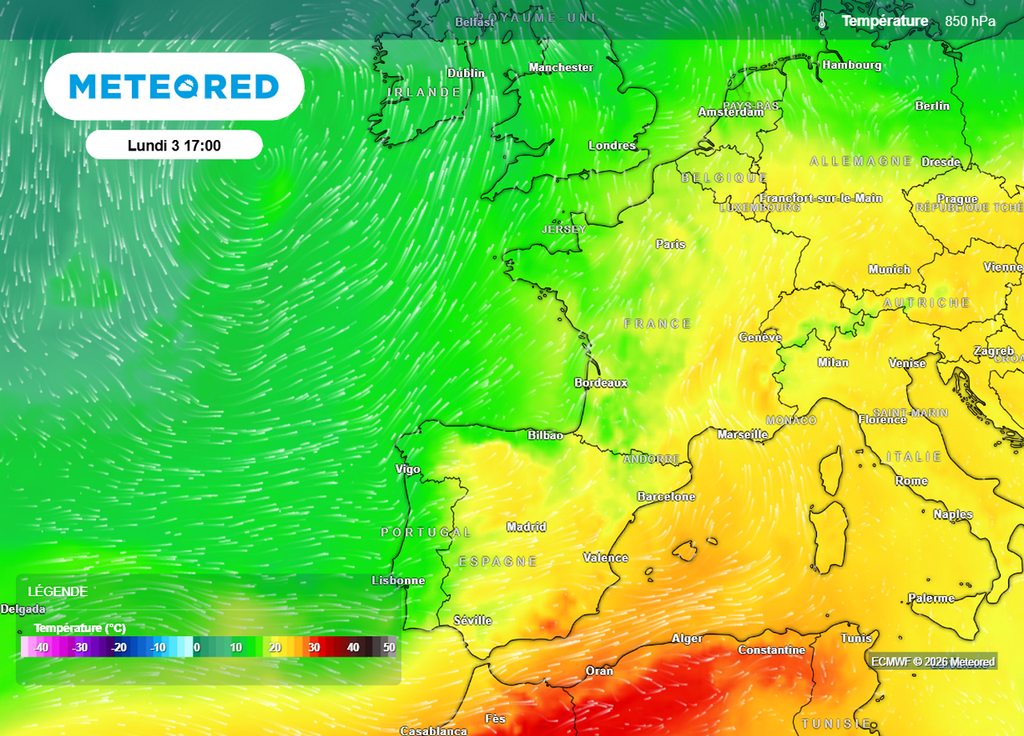 Air océanique L'air océanique (en vert) s'avance peu à peu sur notre pays par l'ouest en ce début de semaine, repoussant la chaleur vers l'est