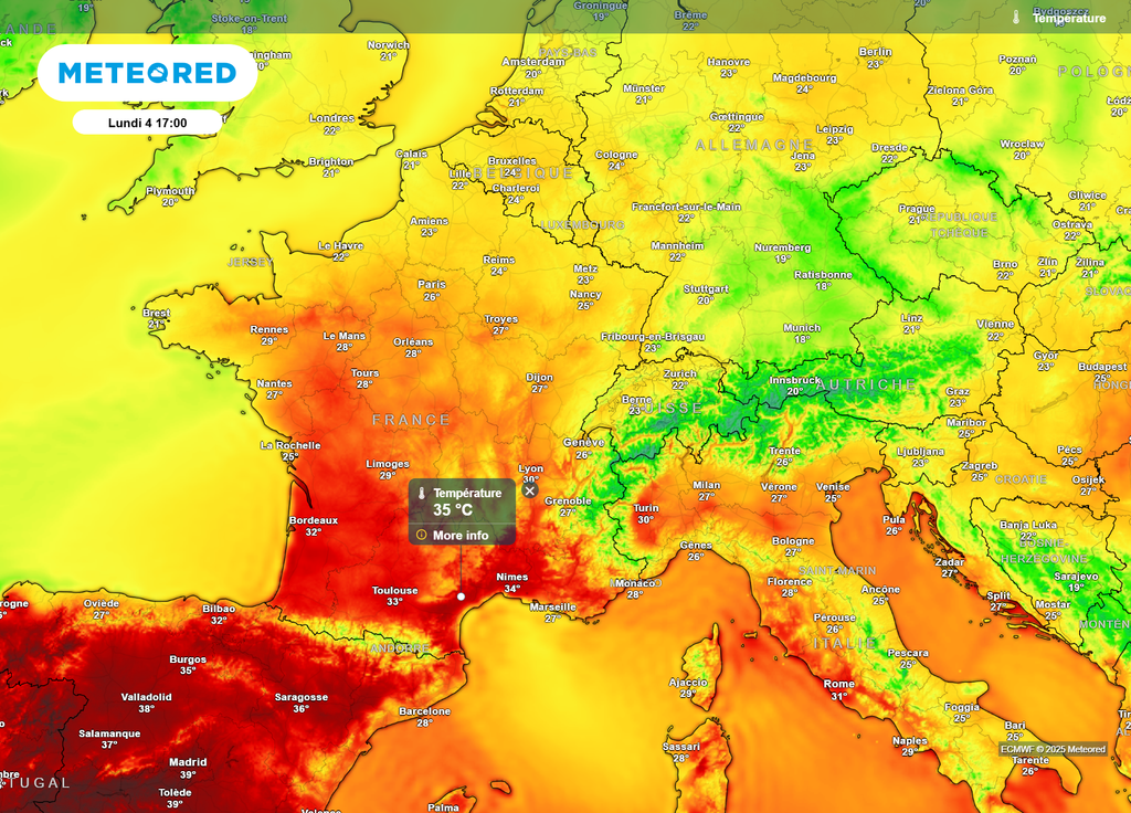 Températures lundi après-midi