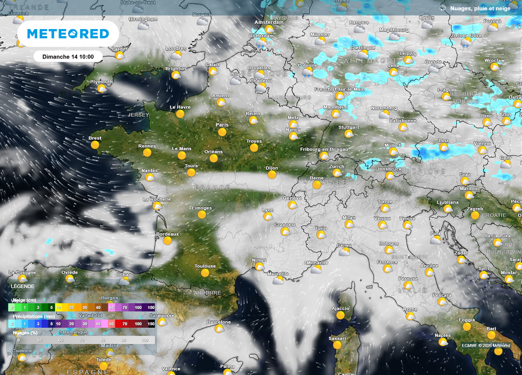 Nébulosité dimanche Dimanche, le soleil brillera sur une grande partie du pays, avec simplement un voile au Sud et quelques cumulus près des frontières du Nord et du Nord-Est.
