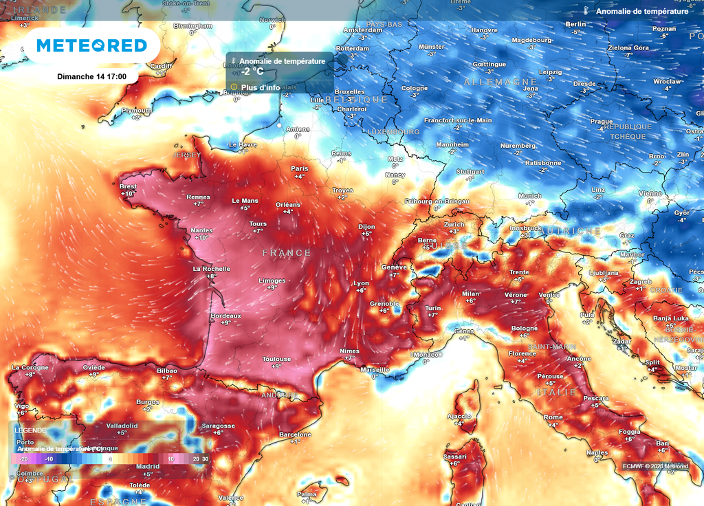 Anomalie de températures dimanche après-midi Dimanche après-midi, c'est dans les zones coloriées en bleu sur cette carte que les températures seront en-dessous des normales de saison.