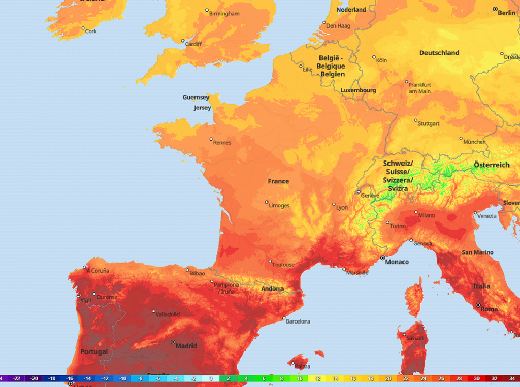 Carte des températures prévues mardi après-midi Carte des températures prévues mardi après-midi