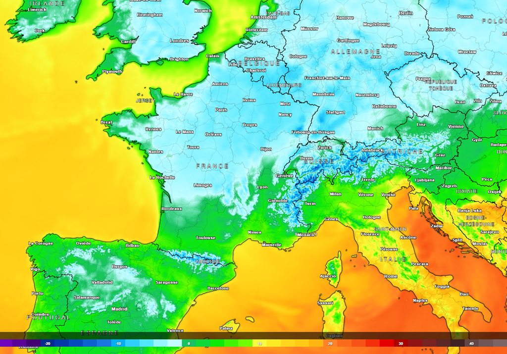 Une large moitié nord sera concernée par des gelées parfois fortes en début de week-end (modèle ECMWF). Une large moitié nord sera concernée par des gelées parfois fortes en début de week-end (modèle ECMWF).