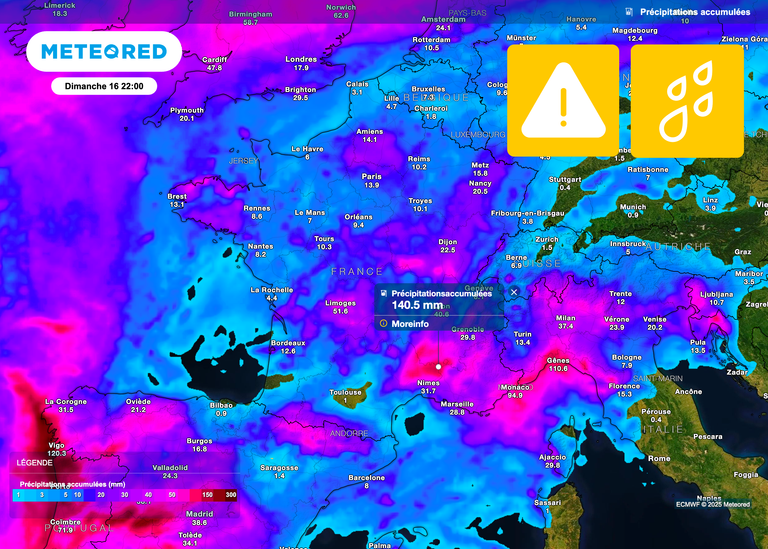 Fortes pluies attendues en France entre demain et ce week-end : près de 120 à 150 litres d’eau par mètre carré prévus