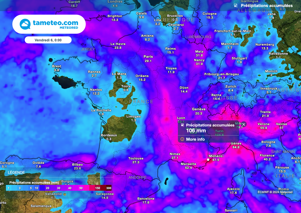 D'importants cumuls de pluie sont attendus au cours des prochaines heures. Les cumuls pourraient dépasser les 100 litres d'eau au mètre carré, particulièrement en direction du Var et des Alpes-Maritimes.
