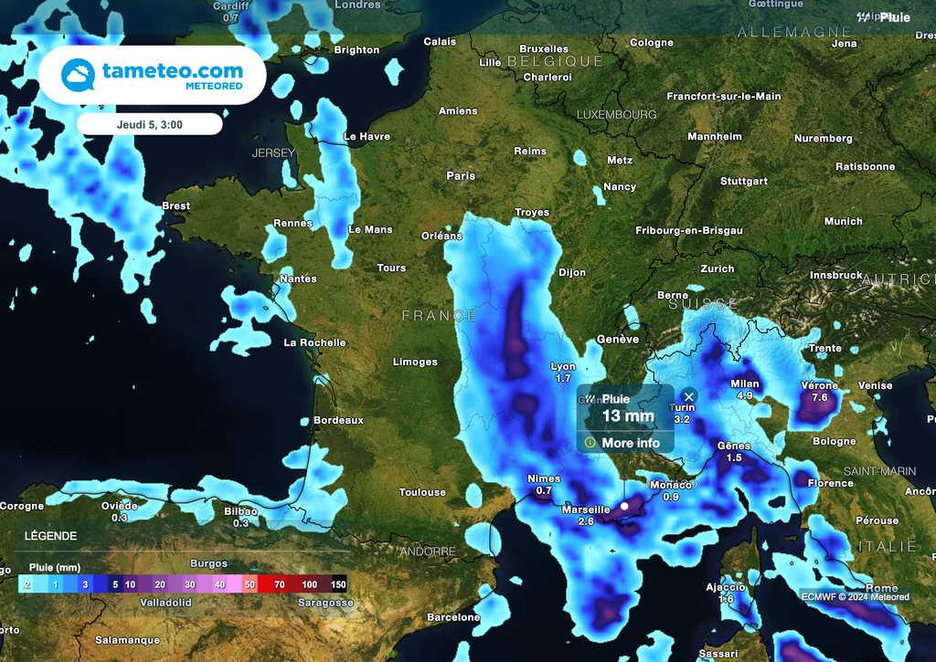 Carte des précipitations en milieu de nuit prochaine.
