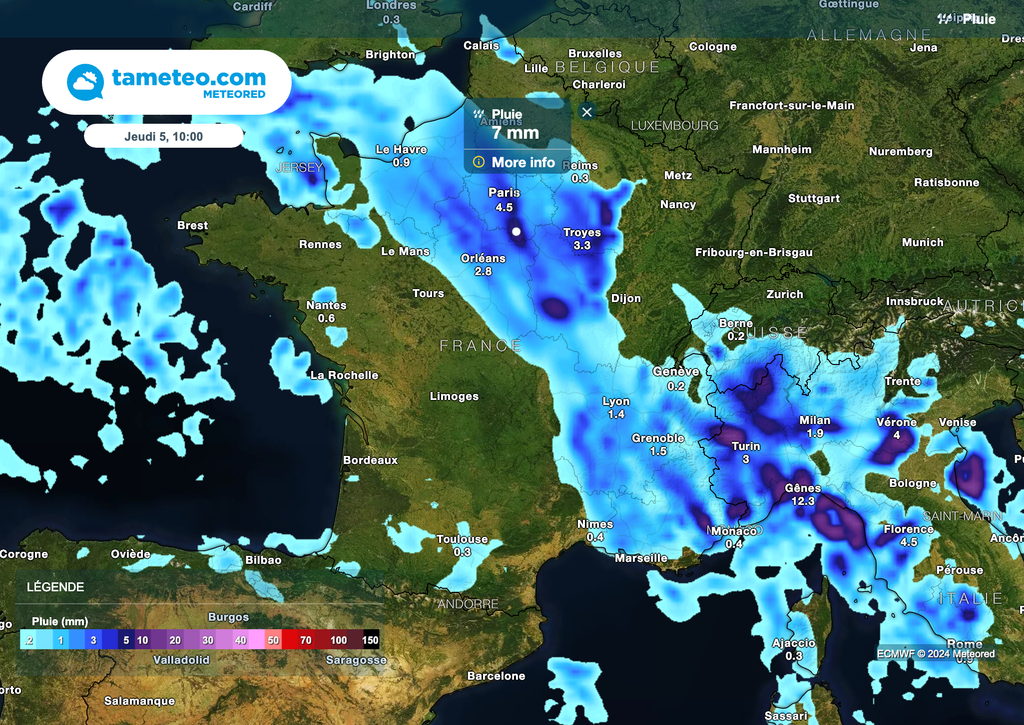 Poursuite d'une météo très pluvieuse ce jeudi matin entre la Normandie, l'Île-de-France et le sud-est du pays.