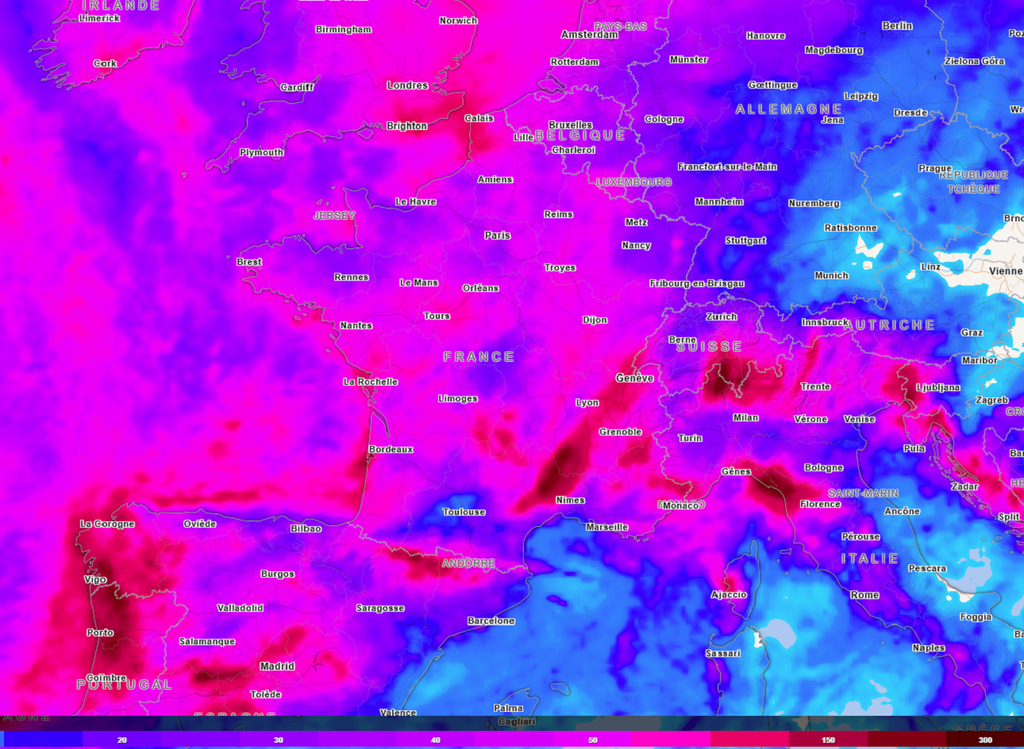 Aucune région ne sera épargnée par les pluies cette semaine. C'est dans le sud-est qu'elles s'annoncent les plus copieuses (modèle ECMWF). Aucune région ne sera épargnée par les pluies cette semaine. C'est dans le sud-est qu'elles s'annoncent les plus copieuses (modèle ECMWF).