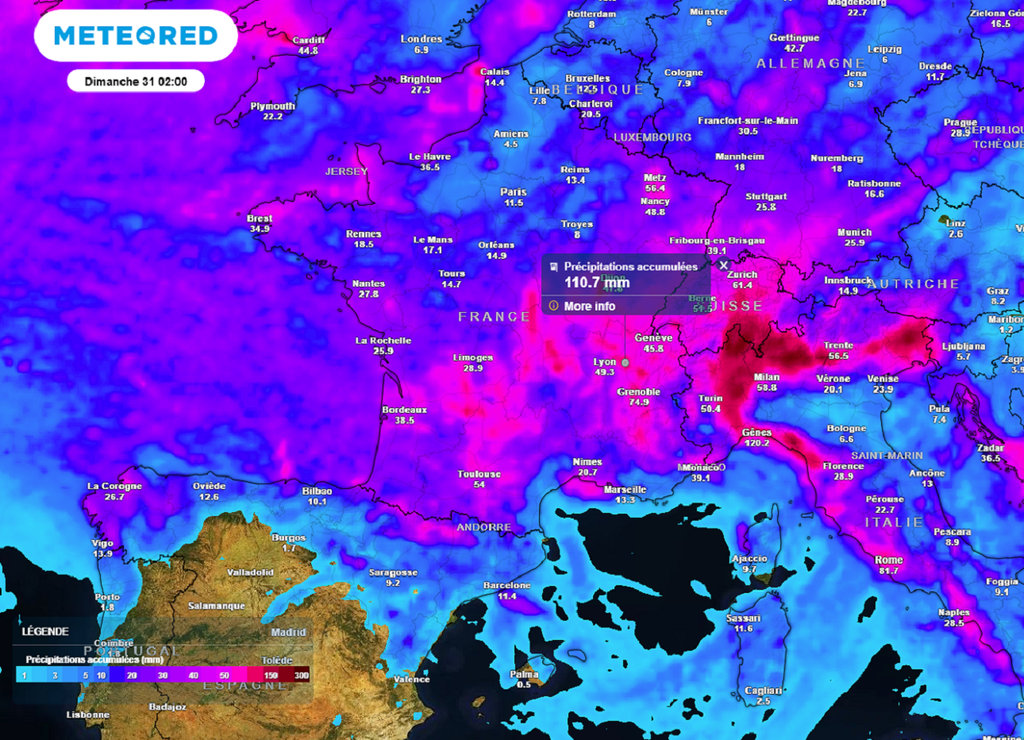 Les cumuls de pluies s'annoncent conséquents ces prochains jours, en particulier du sud-ouest jusqu'au centre-est.