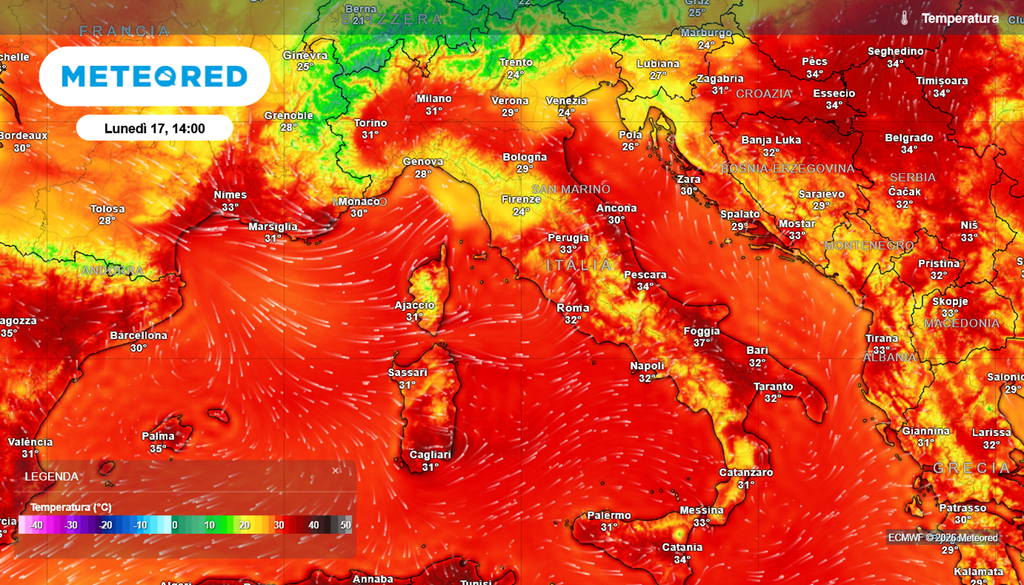 Temperature massime previste in Italia lunedì 17 agosto 2026.